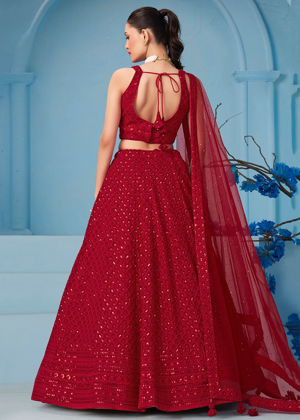 Threads & Sequins Work Red Festive Style Lehenga Choli - Image 3