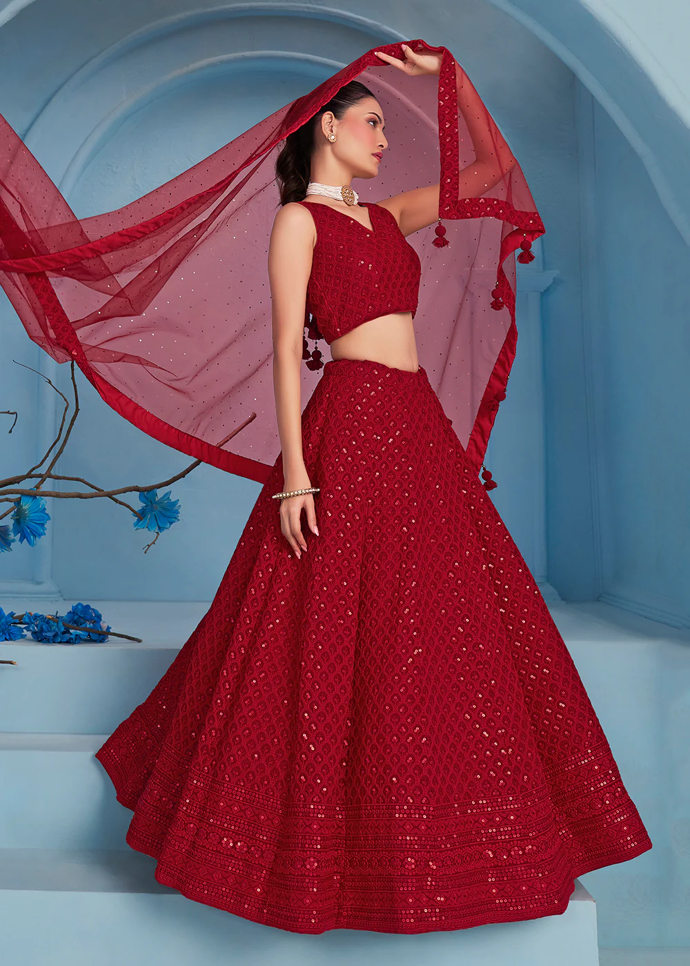 Threads & Sequins Work Red Festive Style Lehenga Choli - Image 4