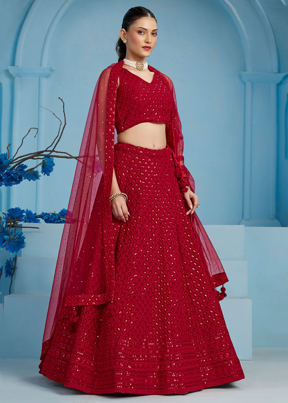 Threads & Sequins Work Red Festive Style Lehenga Choli - Image 5