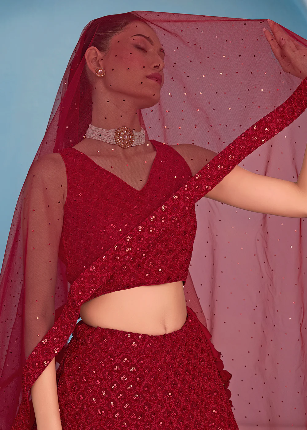 Threads & Sequins Work Red Festive Style Lehenga Choli - Image 6