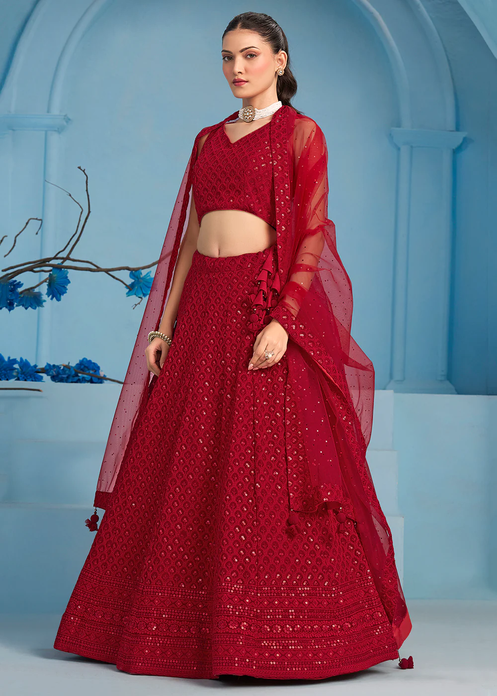 Threads & Sequins Work Red Festive Style Lehenga Choli - Image 7
