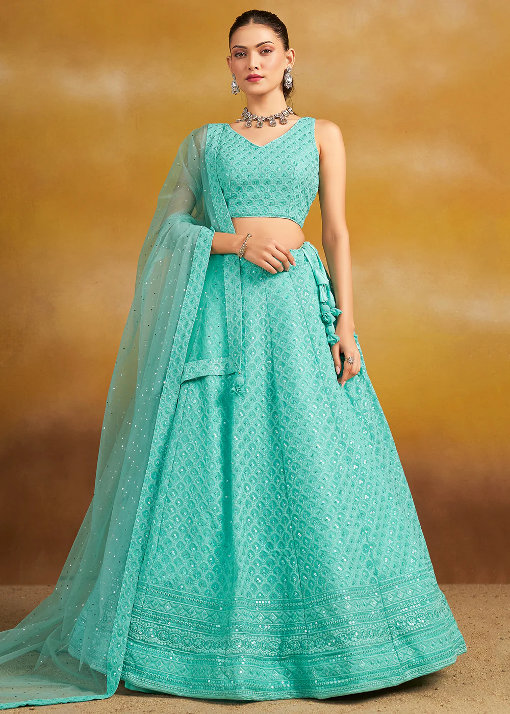 Threads & Sequins Work Sky Festive Style Lehenga Choli