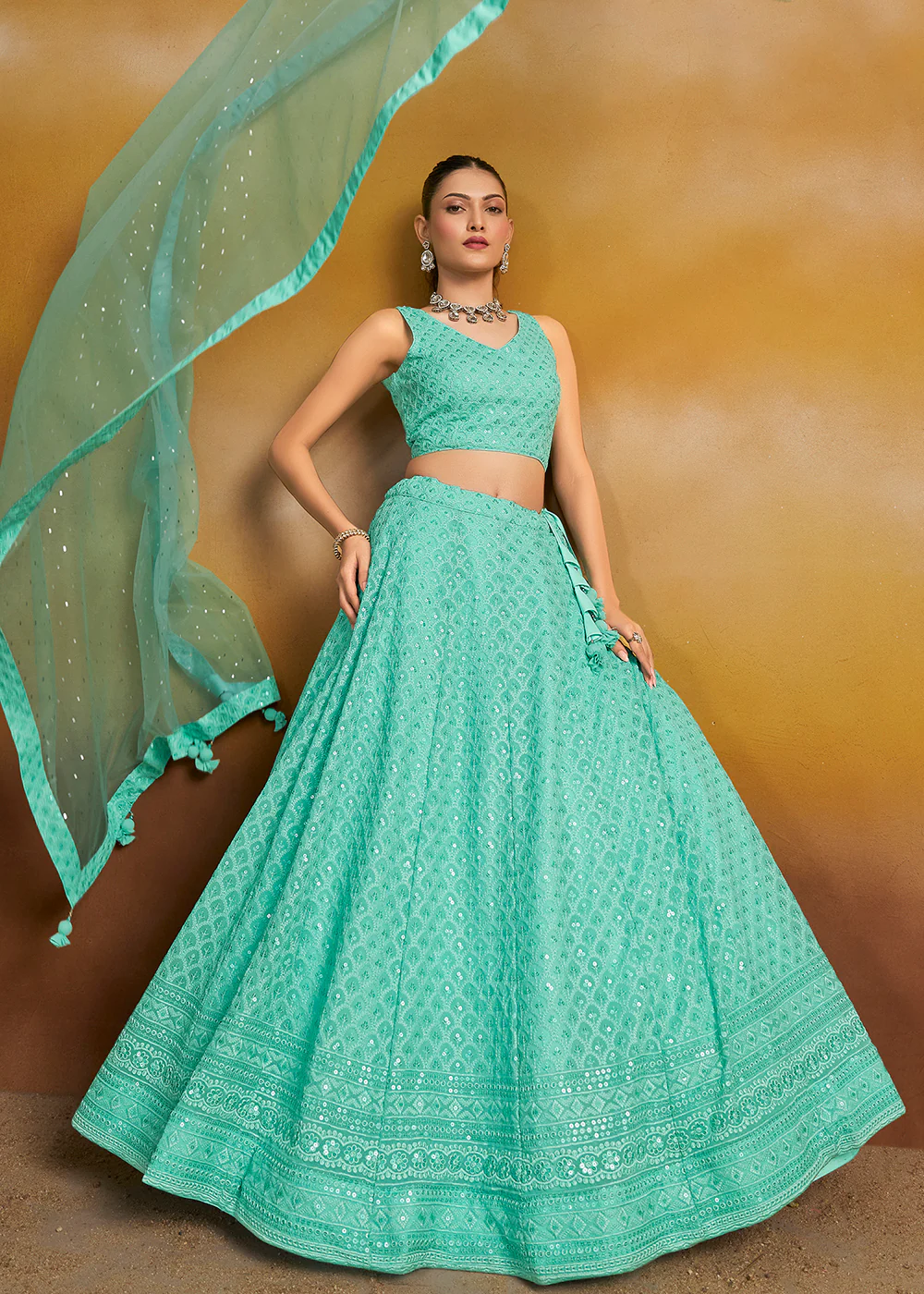 Threads & Sequins Work Sky Festive Style Lehenga Choli - Image 4