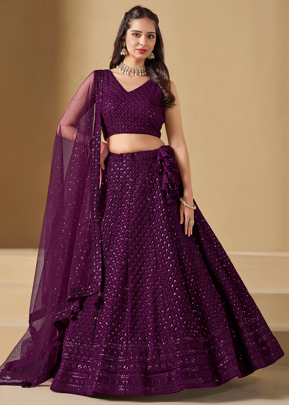 Threads & Sequins Work Wine Festive Style Lehenga Choli