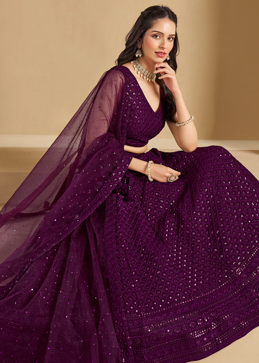 Threads & Sequins Work Wine Festive Style Lehenga Choli - Image 4