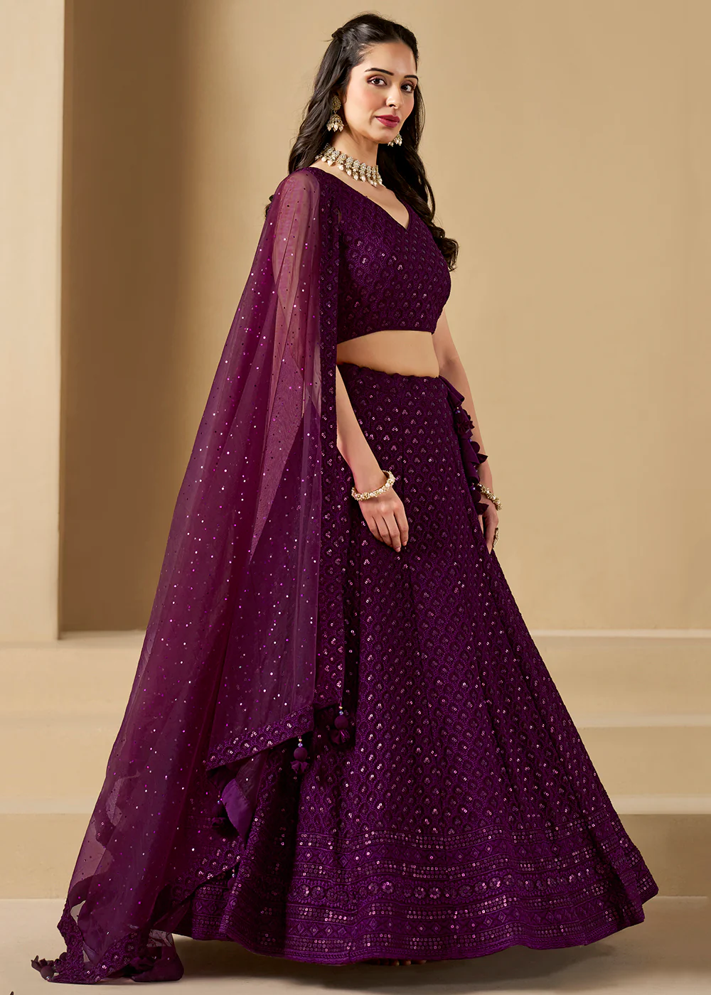 Threads & Sequins Work Wine Festive Style Lehenga Choli - Image 5