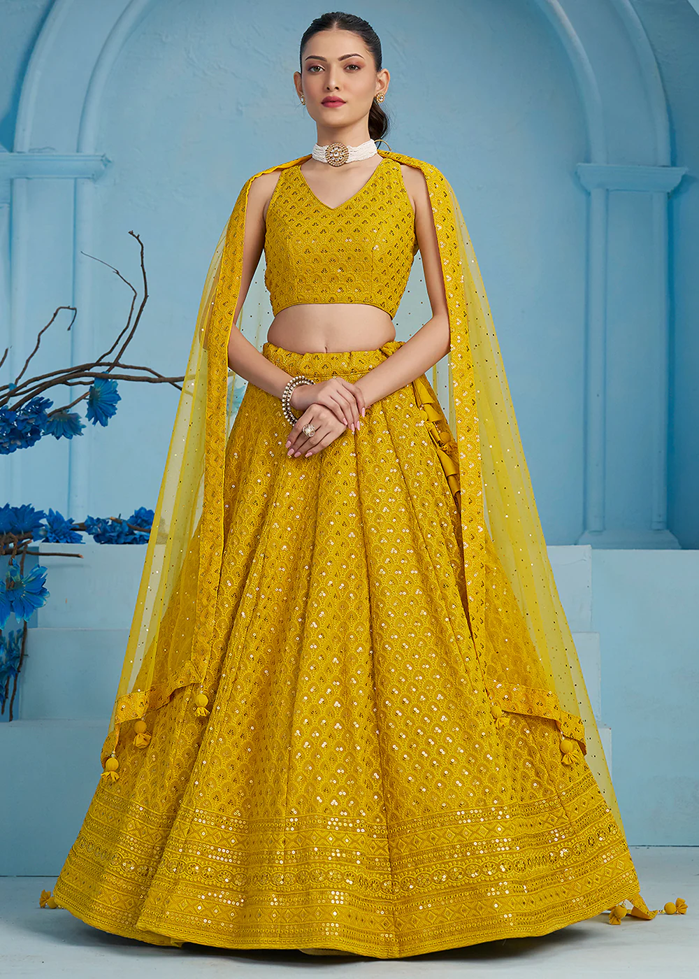 Threads & Sequins Work Yellow Festive Style Lehenga Choli