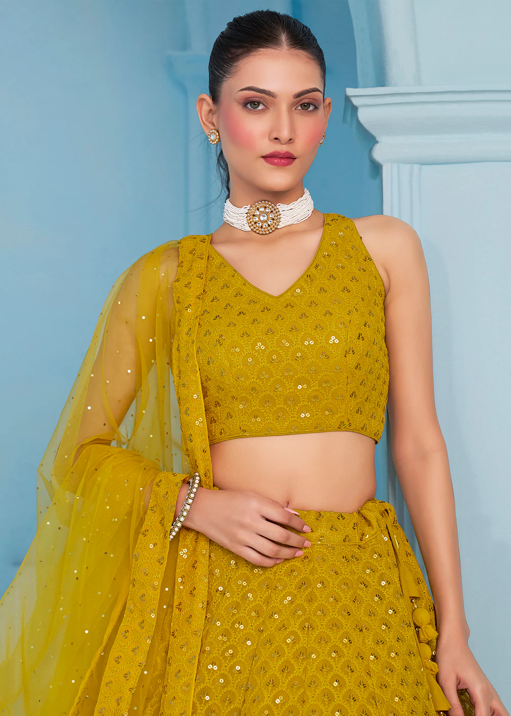 Threads & Sequins Work Yellow Festive Style Lehenga Choli - Image 2