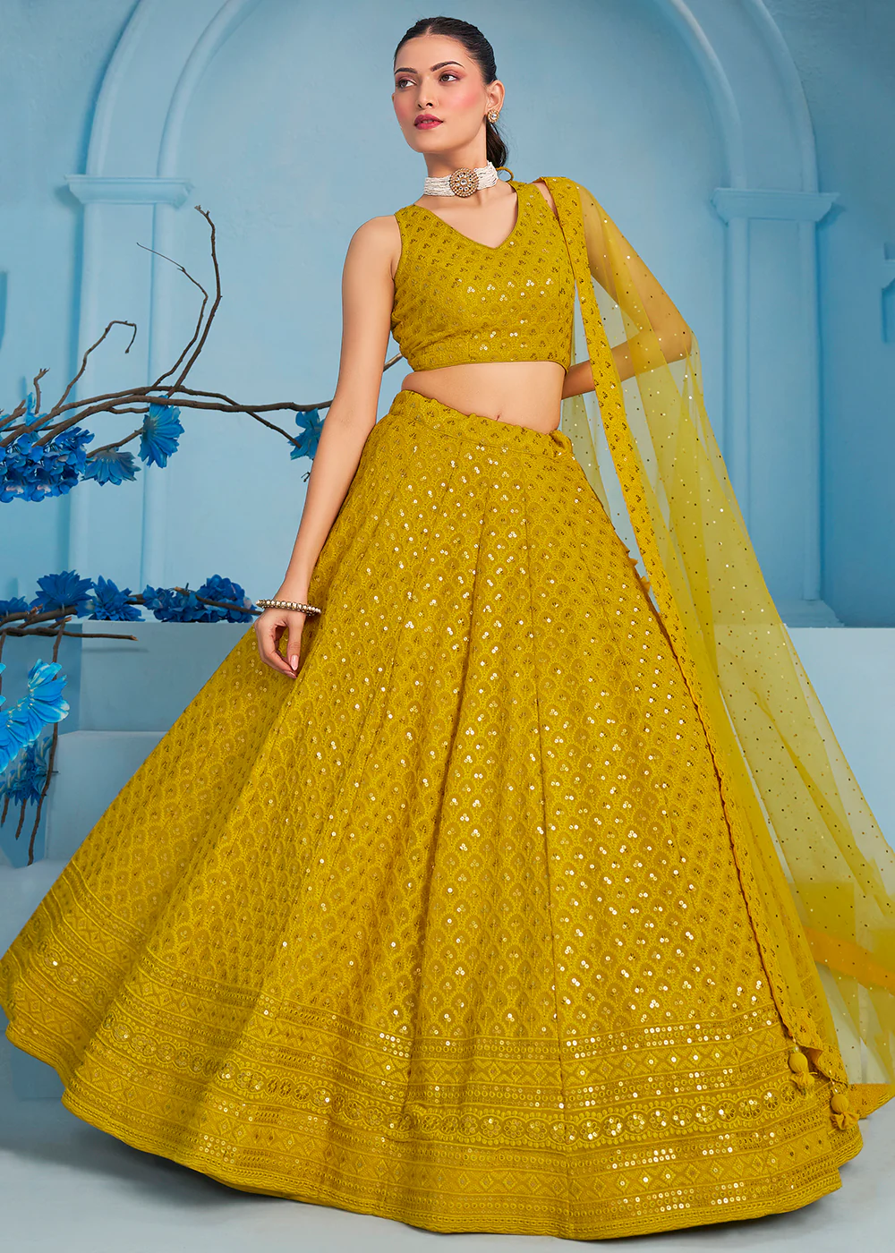 Threads & Sequins Work Yellow Festive Style Lehenga Choli - Image 4
