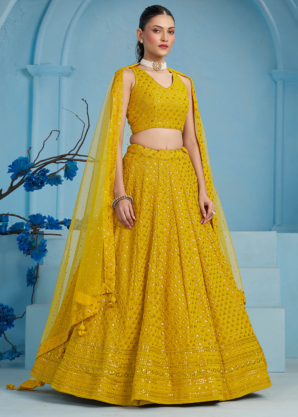 Threads & Sequins Work Yellow Festive Style Lehenga Choli - Image 5