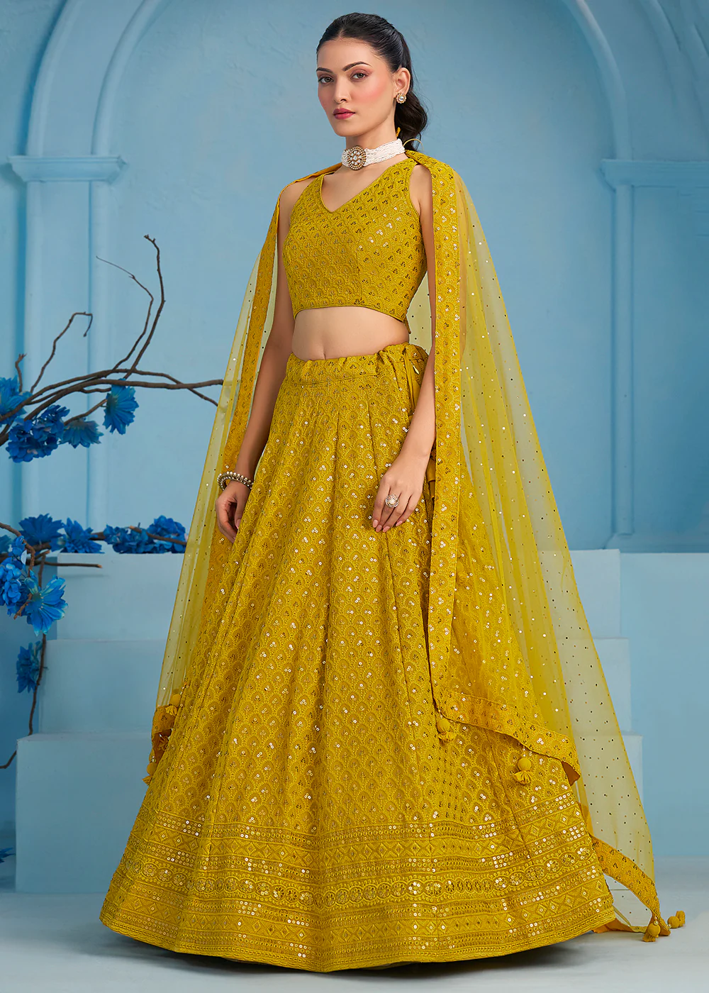 Threads & Sequins Work Yellow Festive Style Lehenga Choli - Image 6