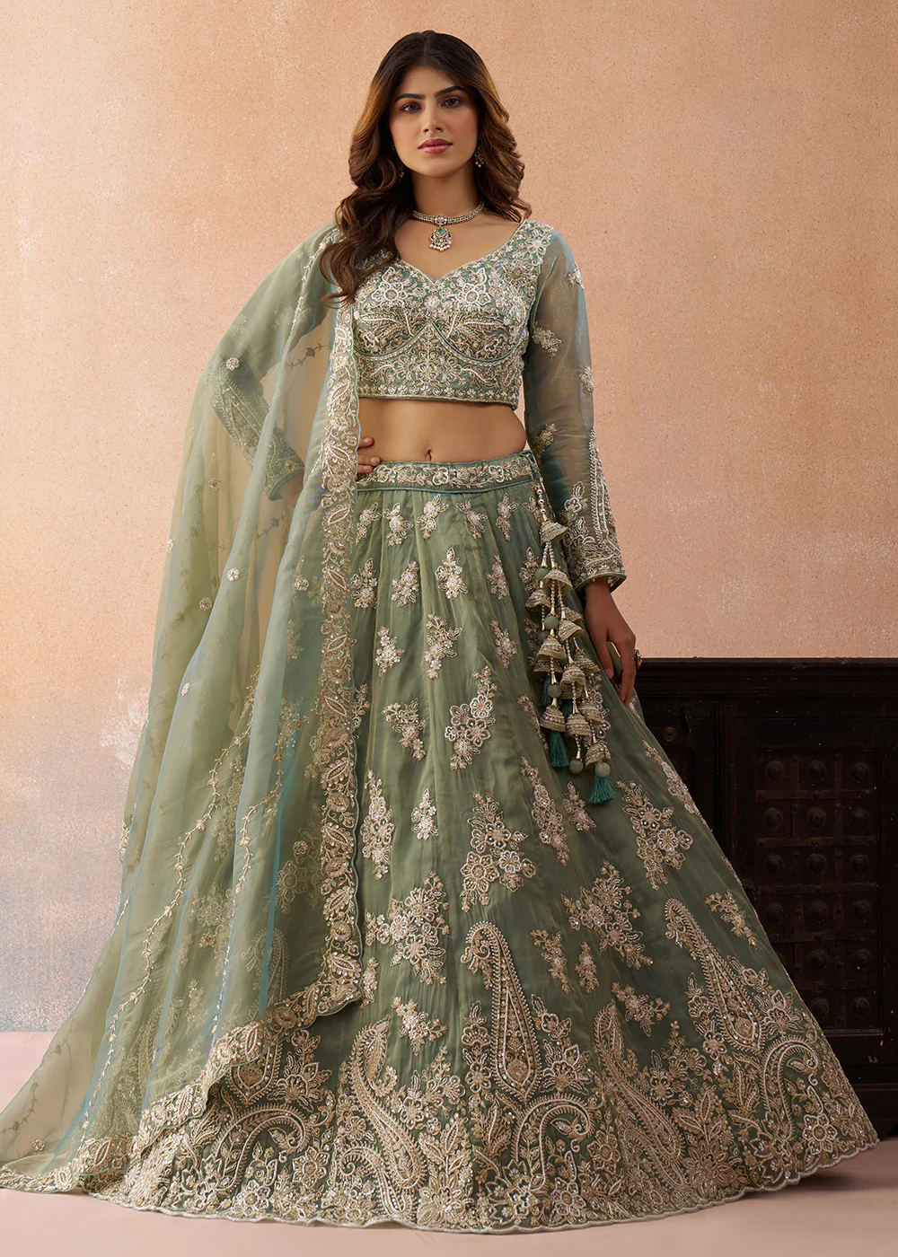 Tissue Beads & Sequins Green Wedding Lehenga Choli