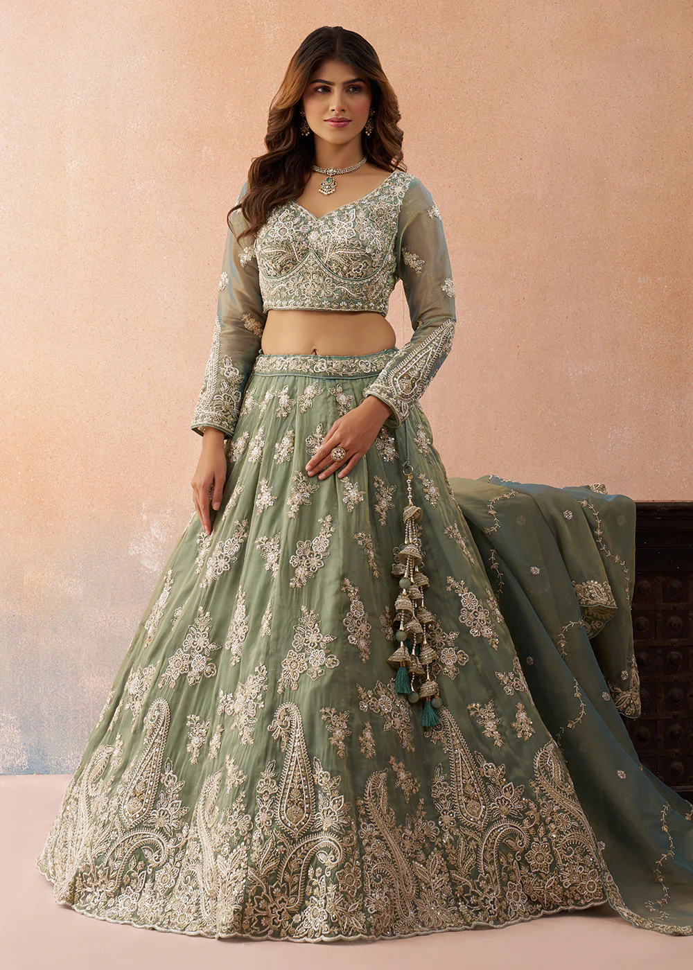 Tissue Beads & Sequins Green Wedding Lehenga Choli - Image 5