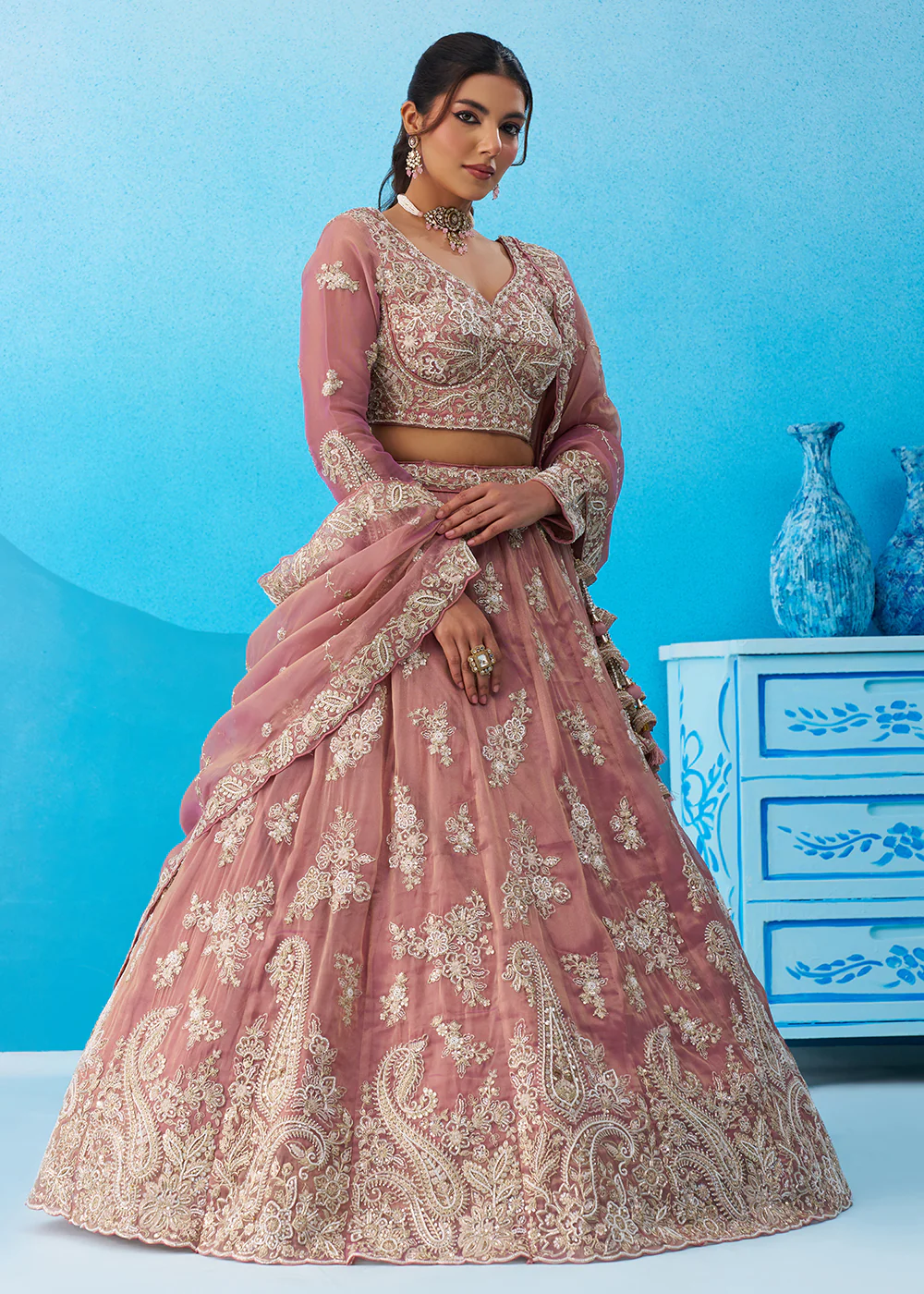 Tissue Beads & Sequins Pink Wedding Lehenga Choli - Image 4