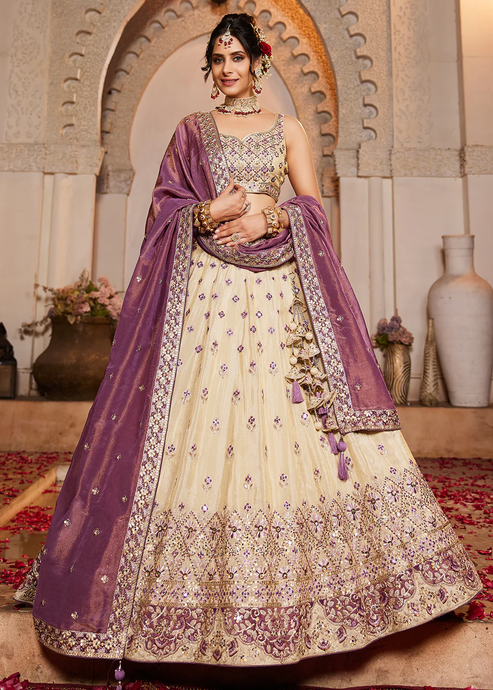 Tissue Embroidered Cream & Purple Designer Lehenga Choli - Image 4