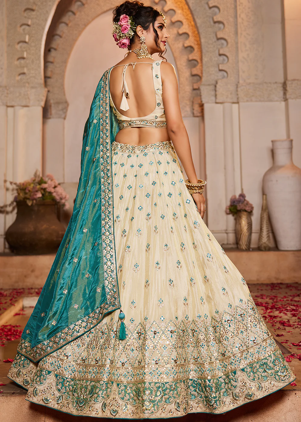Tissue Embroidered Cream & Teal Designer Lehenga Choli - Image 3