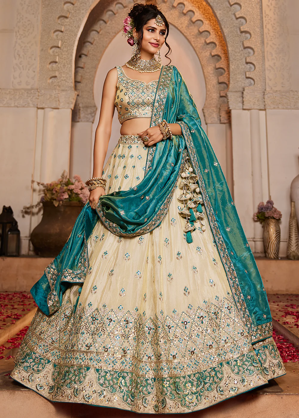 Tissue Embroidered Cream & Teal Designer Lehenga Choli - Image 4