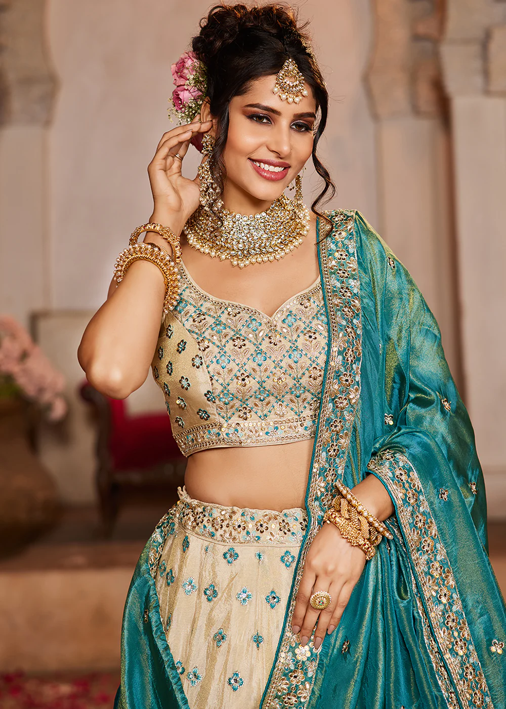 Tissue Embroidered Cream & Teal Designer Lehenga Choli - Image 5