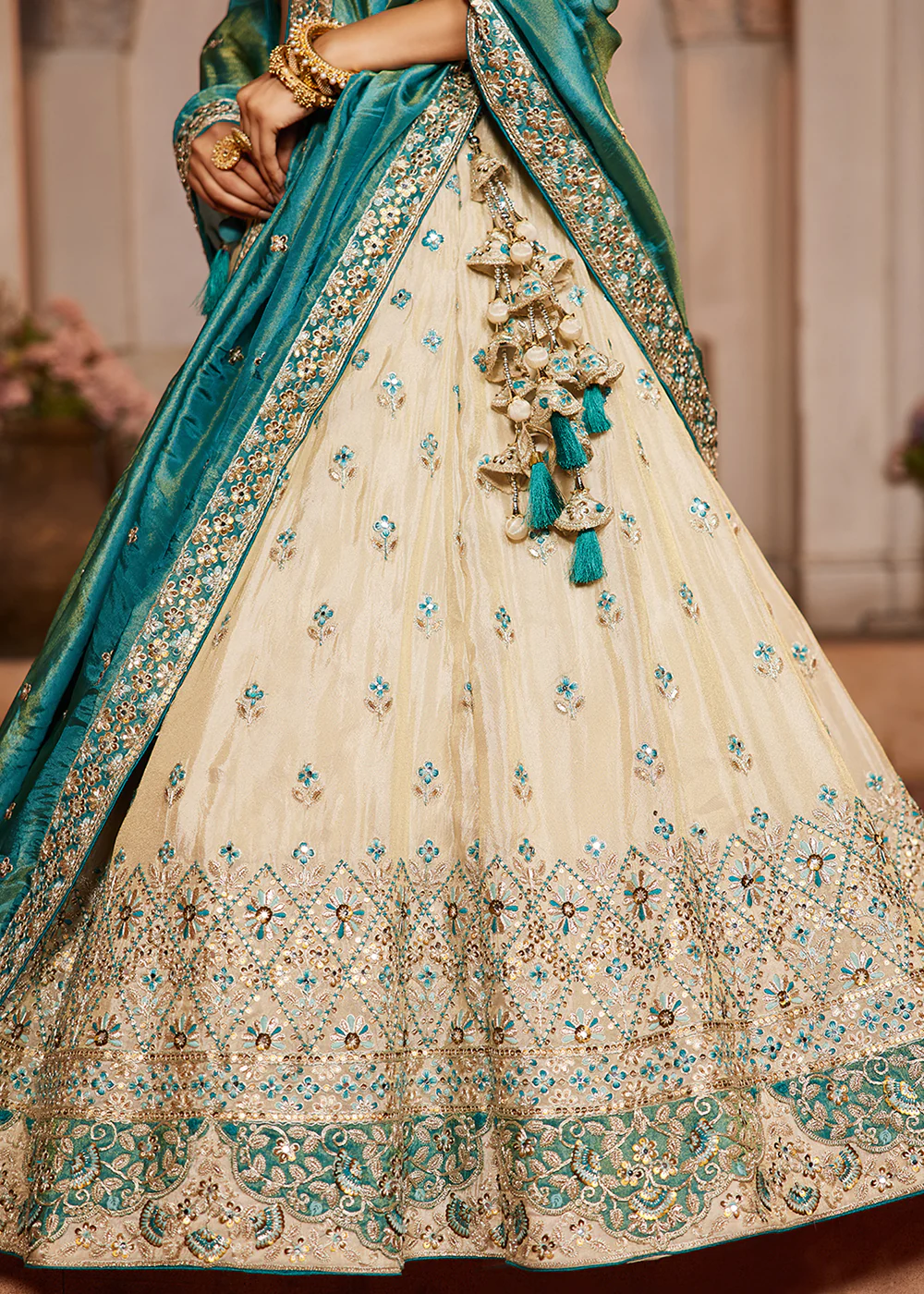 Tissue Embroidered Cream & Teal Designer Lehenga Choli - Image 7