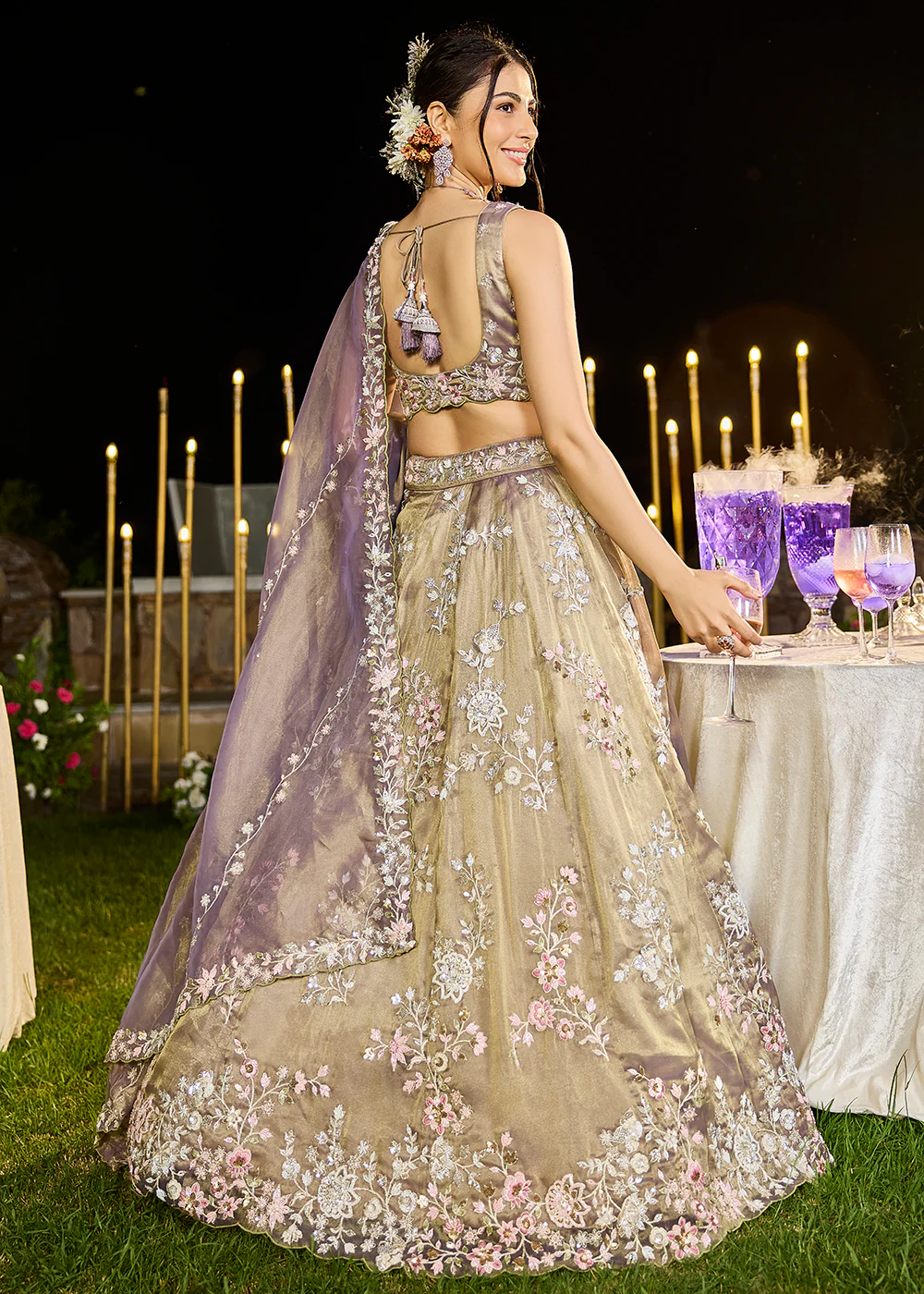 Tissue Embroidered Lavender Wedding Party Lehenga Choli - Image 3