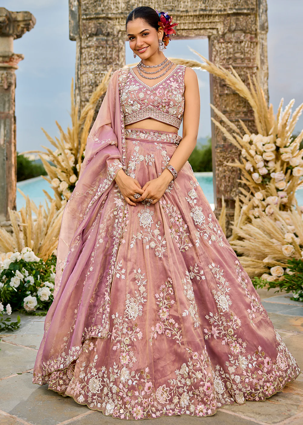 Tissue Embroidered Pink Wedding Party Lehenga Choli
