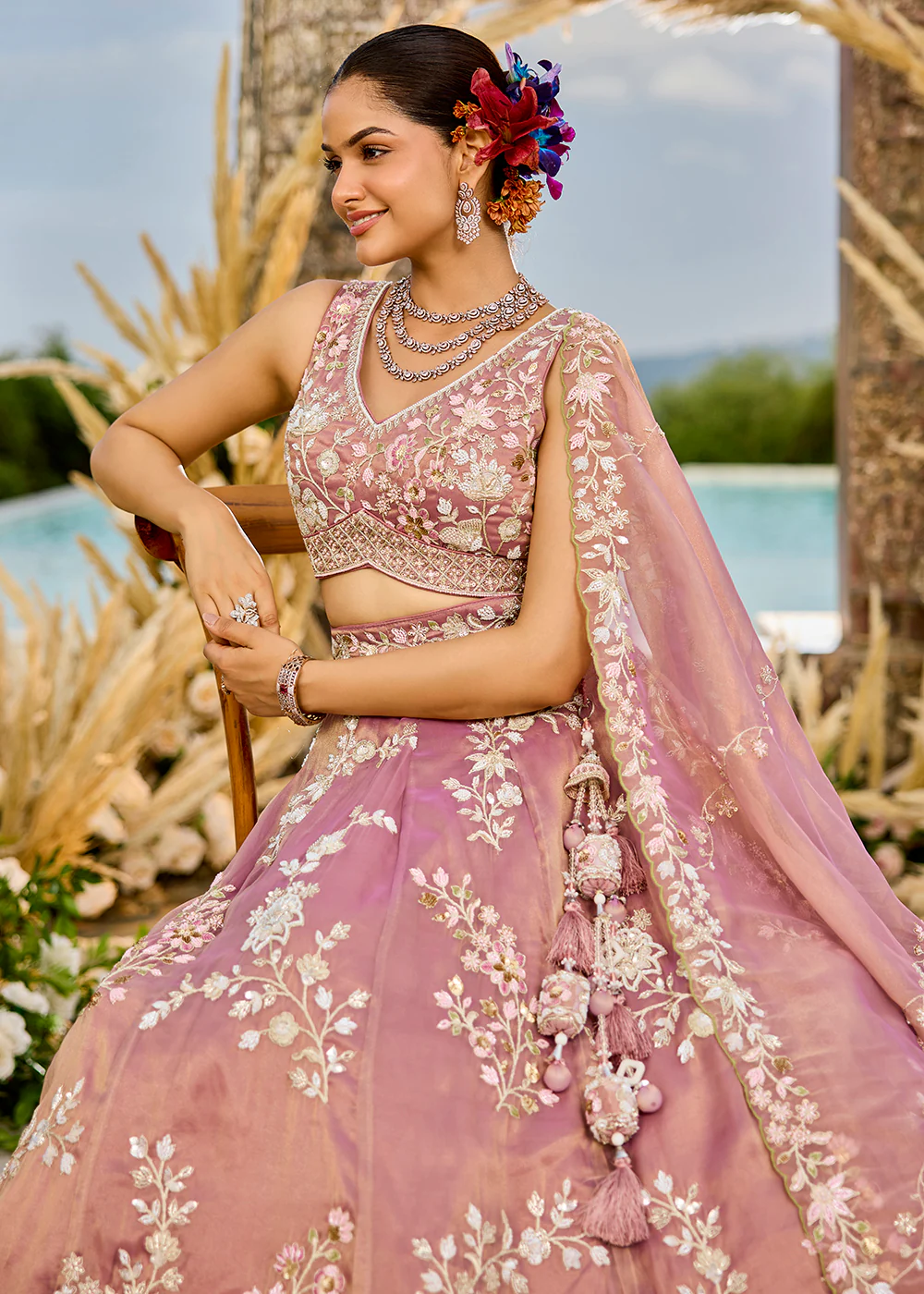 Tissue Embroidered Pink Wedding Party Lehenga Choli - Image 2