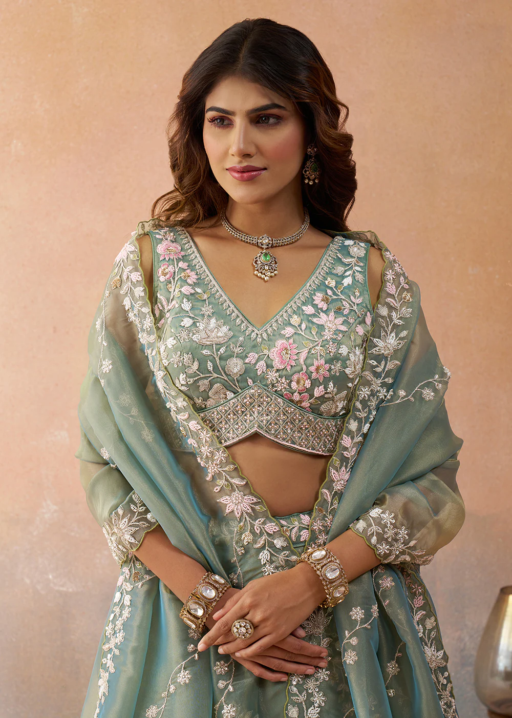 Tissue Embroidered Sea Green Wedding Party Lehenga Choli - Image 2