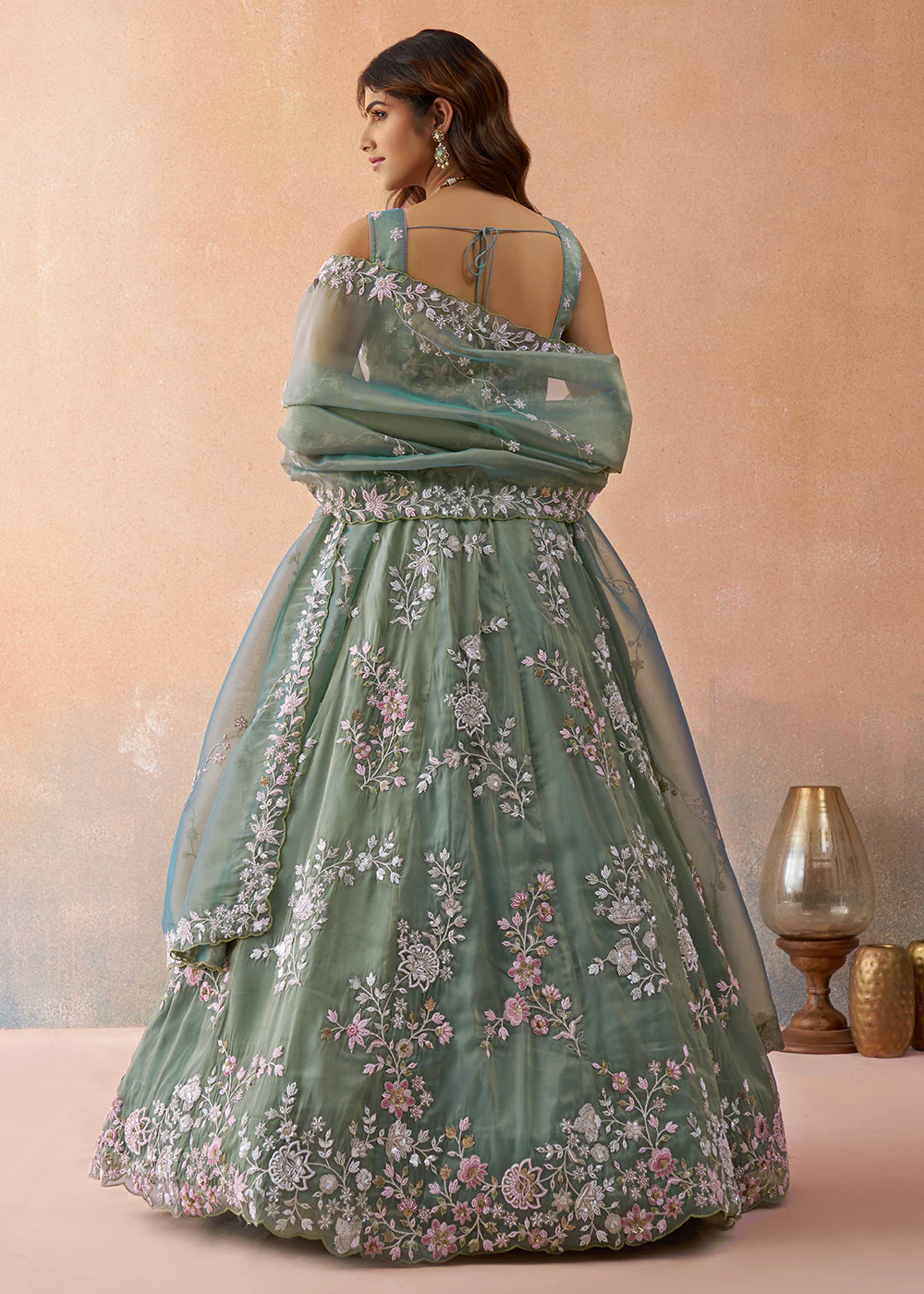 Tissue Embroidered Sea Green Wedding Party Lehenga Choli - Image 3