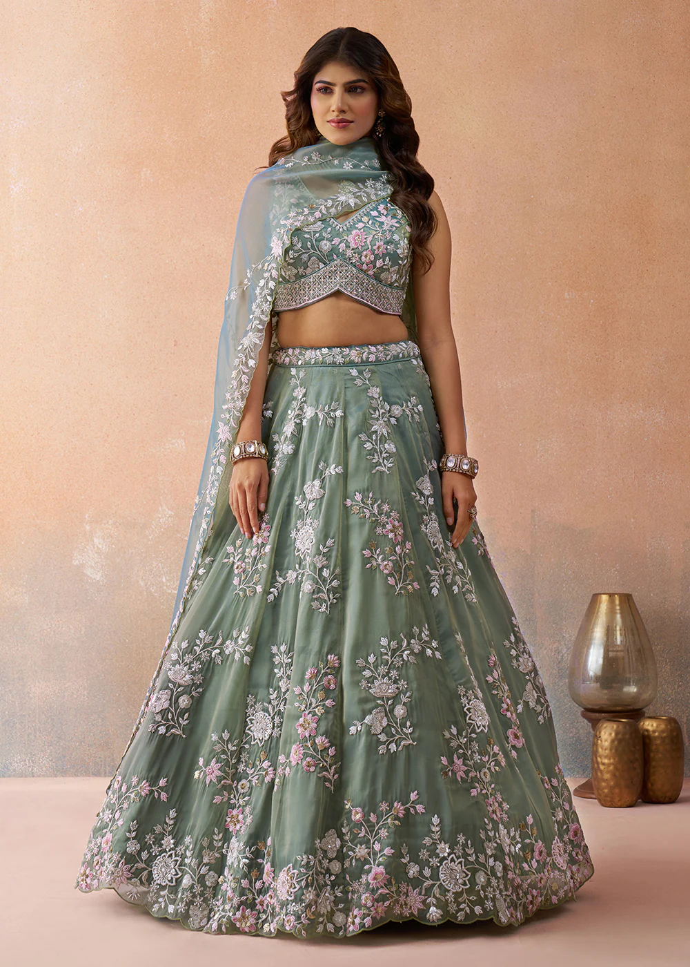 Tissue Embroidered Sea Green Wedding Party Lehenga Choli - Image 4