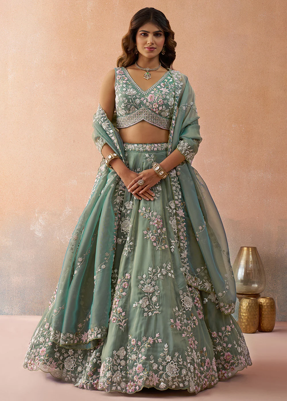 Tissue Embroidered Sea Green Wedding Party Lehenga Choli - Image 5