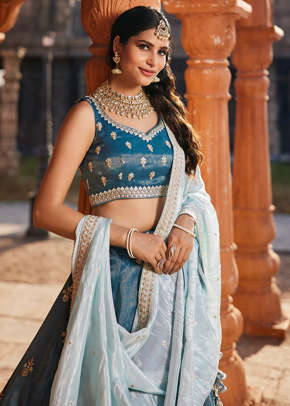 Tissue Fabric Blue Embroidered Designer Wedding Lehenga Choli - Image 2