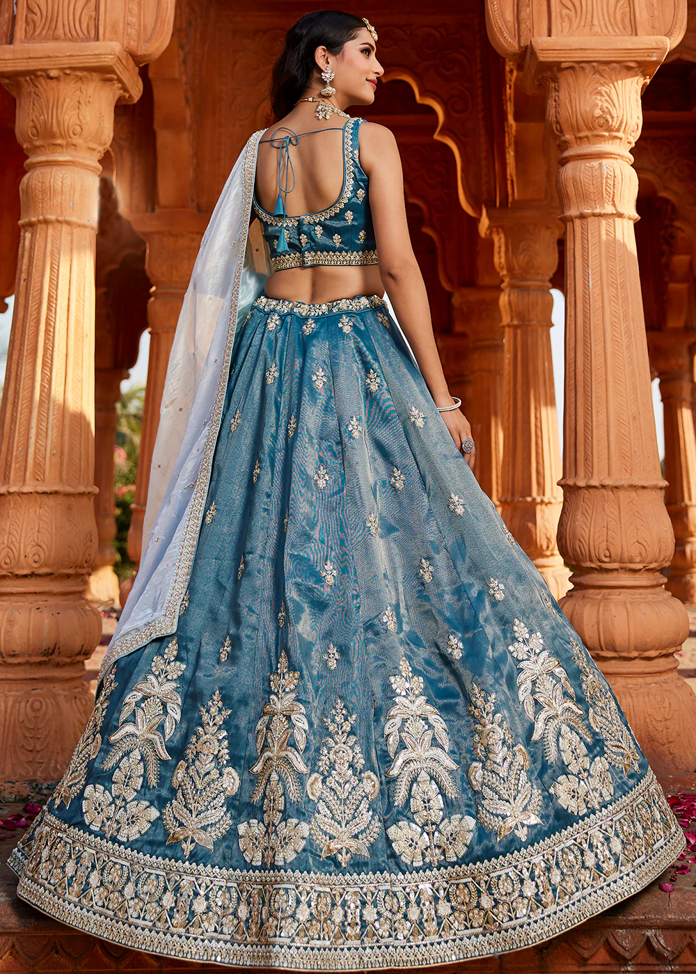 Tissue Fabric Blue Embroidered Designer Wedding Lehenga Choli - Image 3