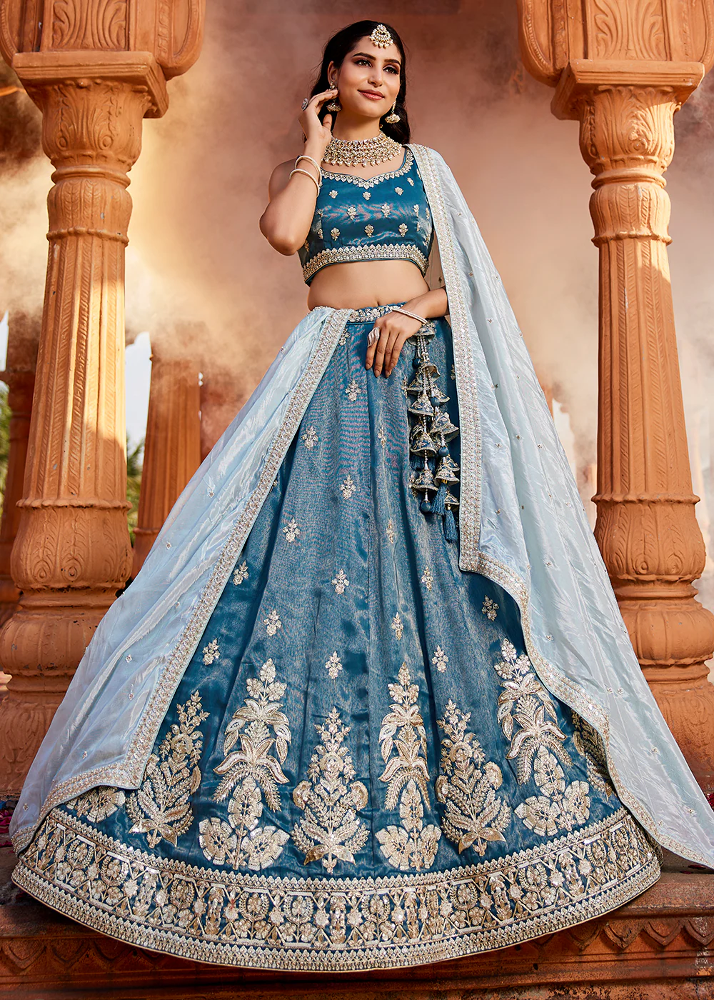 Tissue Fabric Blue Embroidered Designer Wedding Lehenga Choli - Image 4