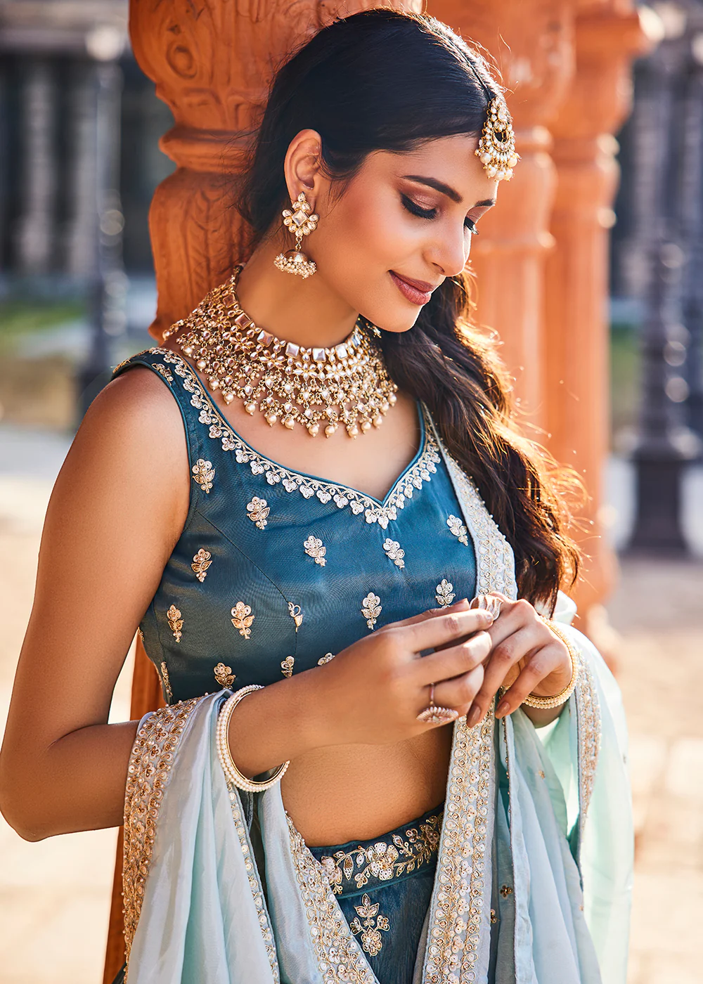 Tissue Fabric Blue Embroidered Designer Wedding Lehenga Choli - Image 5