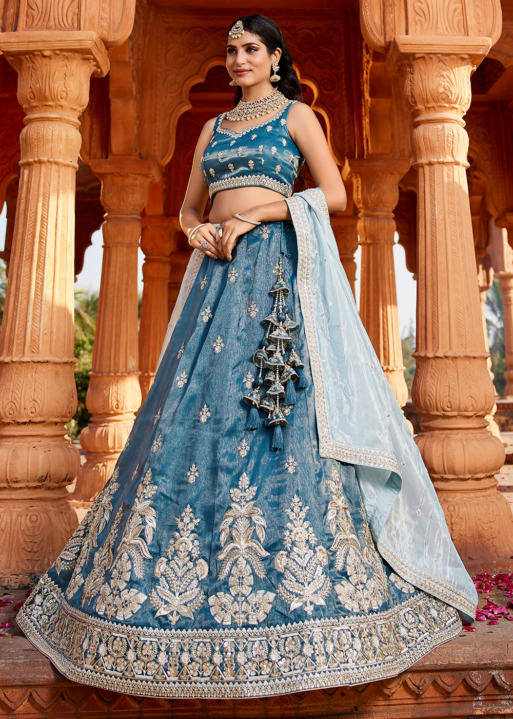 Tissue Fabric Blue Embroidered Designer Wedding Lehenga Choli - Image 6