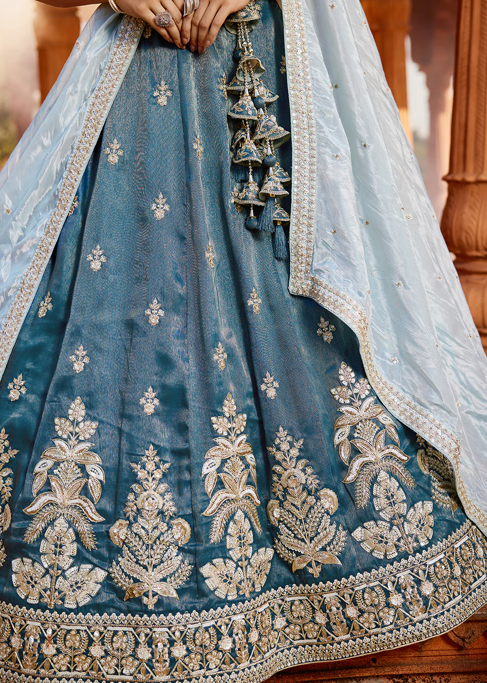 Tissue Fabric Blue Embroidered Designer Wedding Lehenga Choli - Image 7