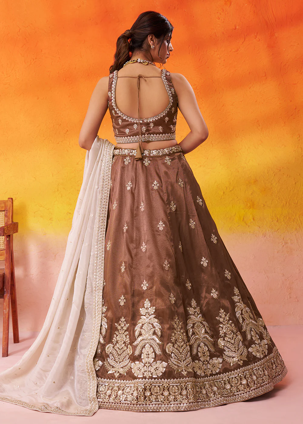 Tissue Fabric Brown Embroidered Designer Wedding Lehenga Choli - Image 3