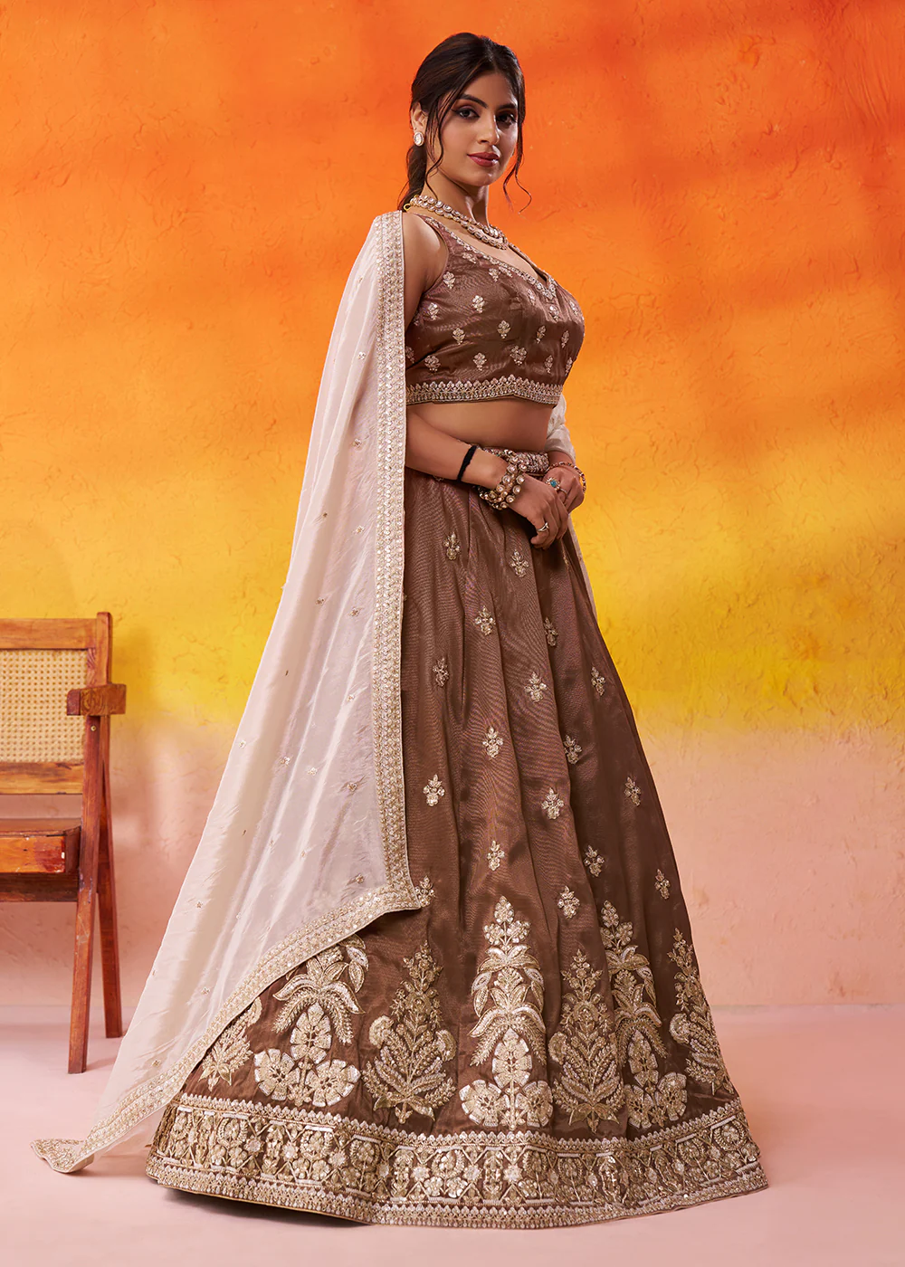 Tissue Fabric Brown Embroidered Designer Wedding Lehenga Choli - Image 4