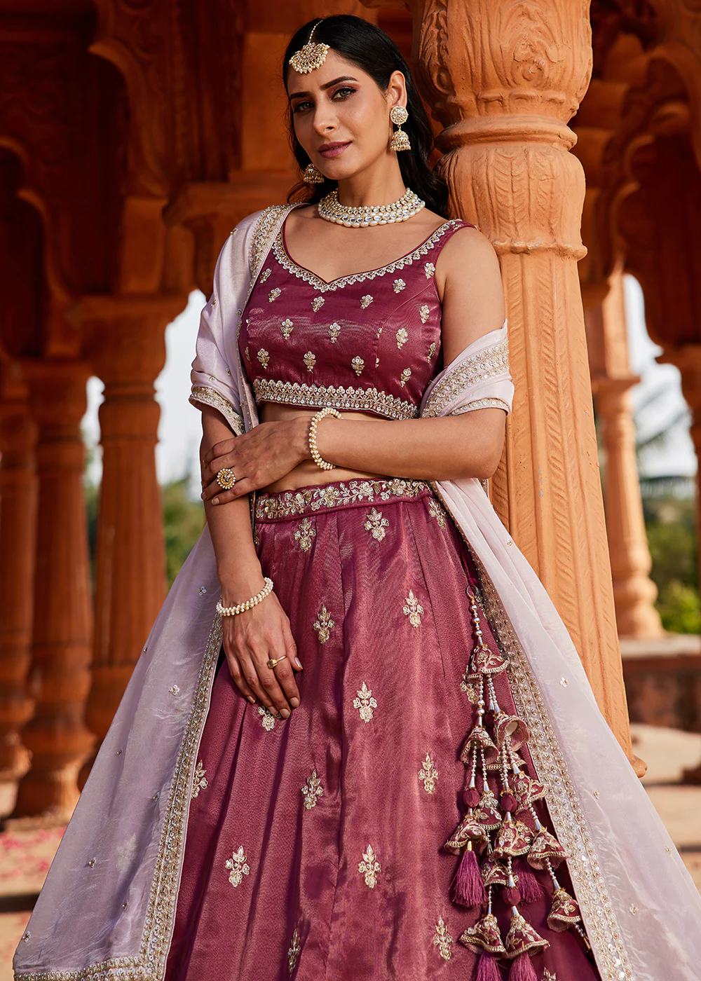 Tissue Fabric Burgundy Embroidered Designer Wedding Lehenga Choli - Image 2
