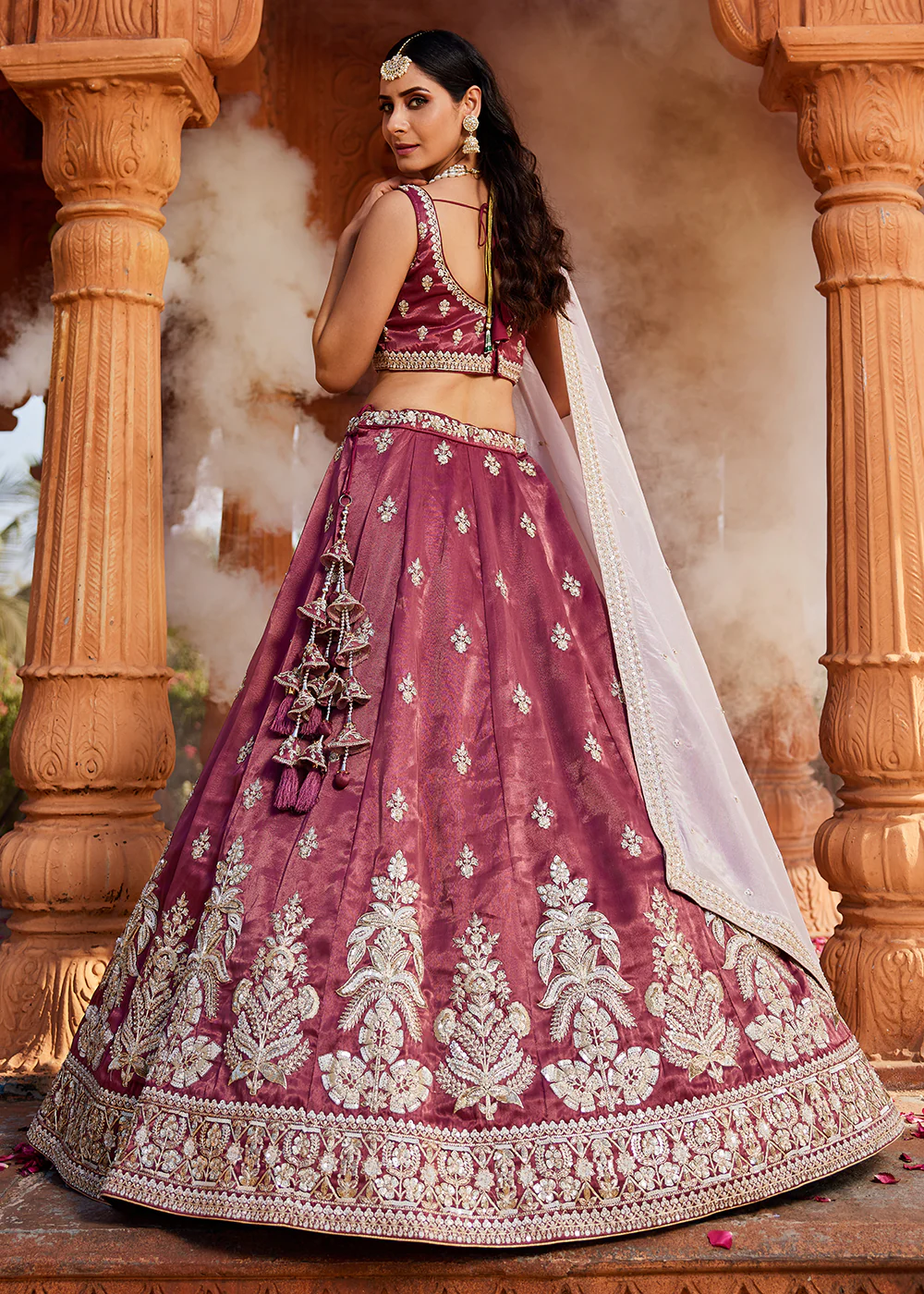 Tissue Fabric Burgundy Embroidered Designer Wedding Lehenga Choli - Image 3
