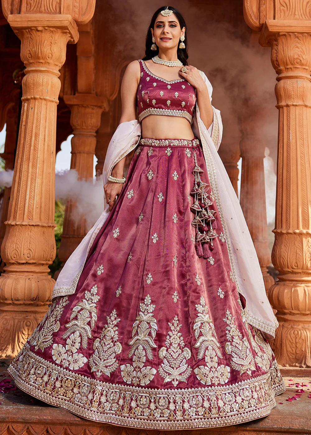 Tissue Fabric Burgundy Embroidered Designer Wedding Lehenga Choli - Image 4