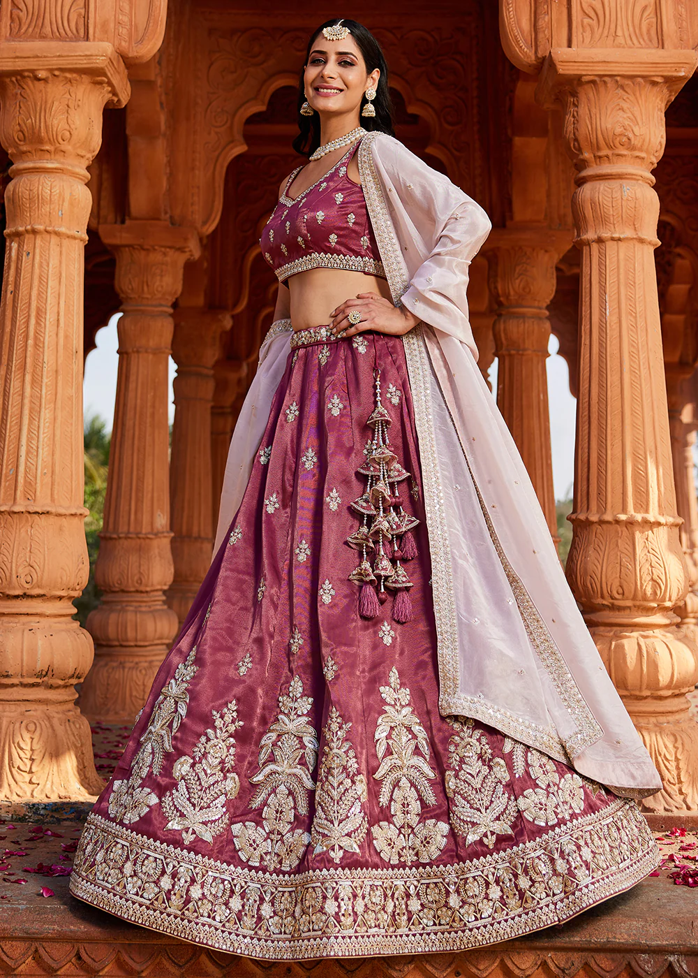 Tissue Fabric Burgundy Embroidered Designer Wedding Lehenga Choli - Image 6