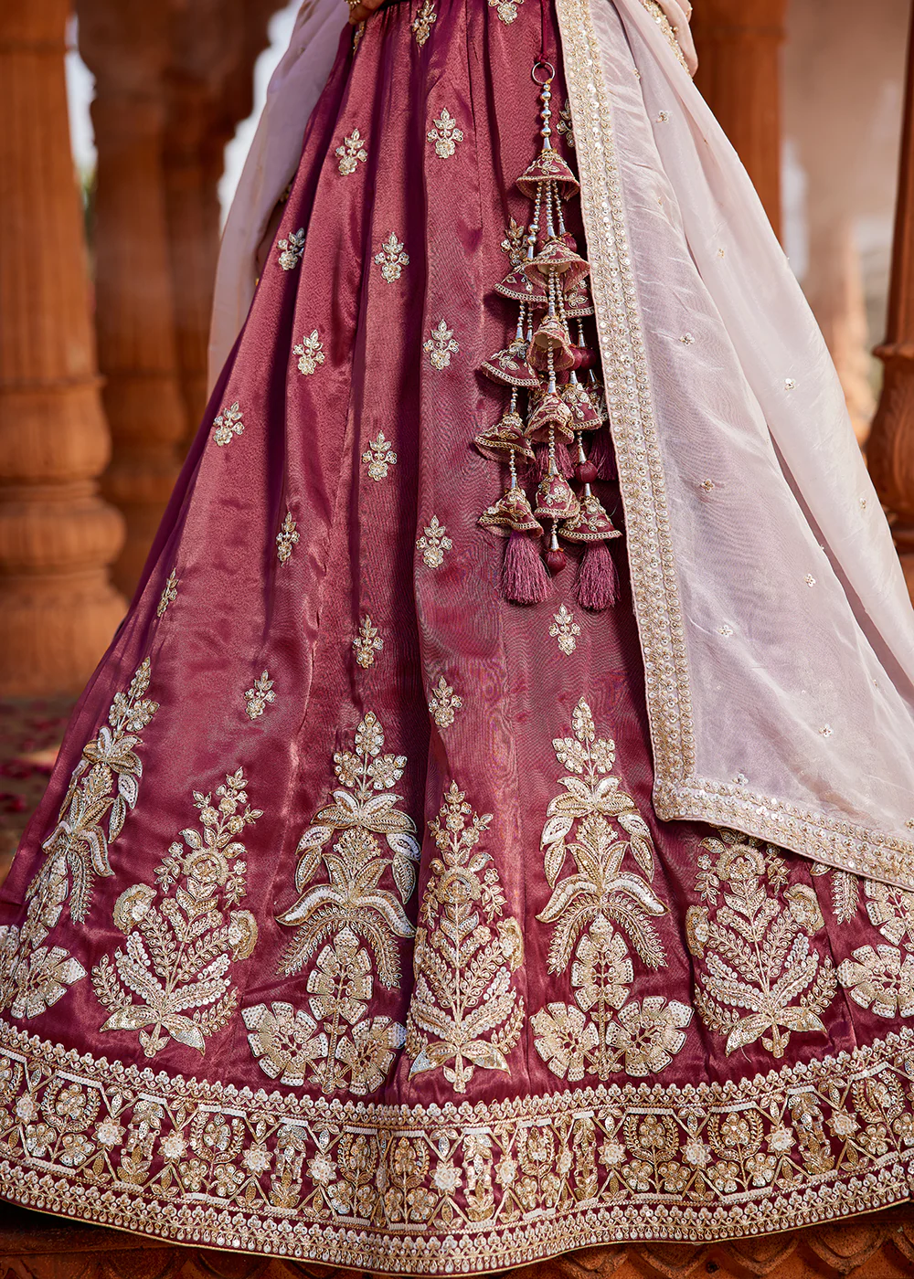 Tissue Fabric Burgundy Embroidered Designer Wedding Lehenga Choli - Image 7