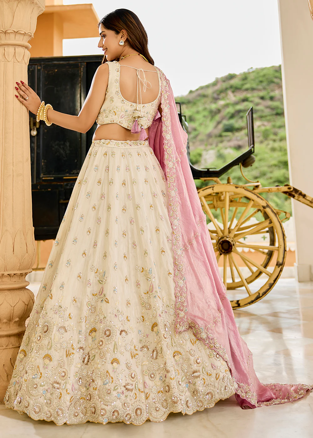 Tissue Fabric Cream Color Wedding Reception Lehenga Choli - Image 3