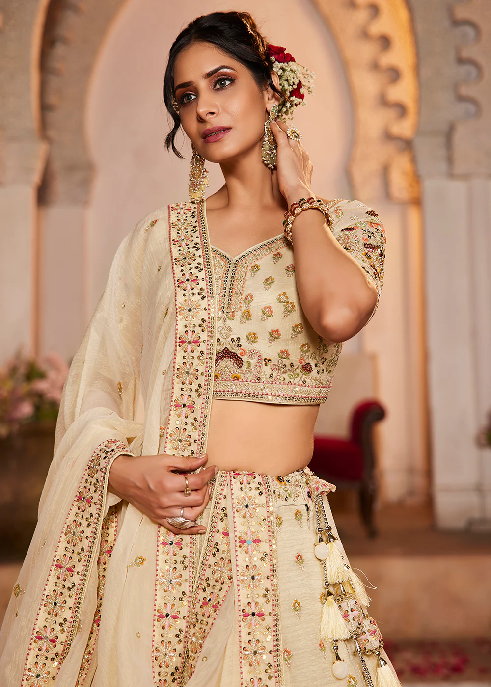 Tissue Fabric Cream Embroidered Designer Lehenga Choli - Image 2