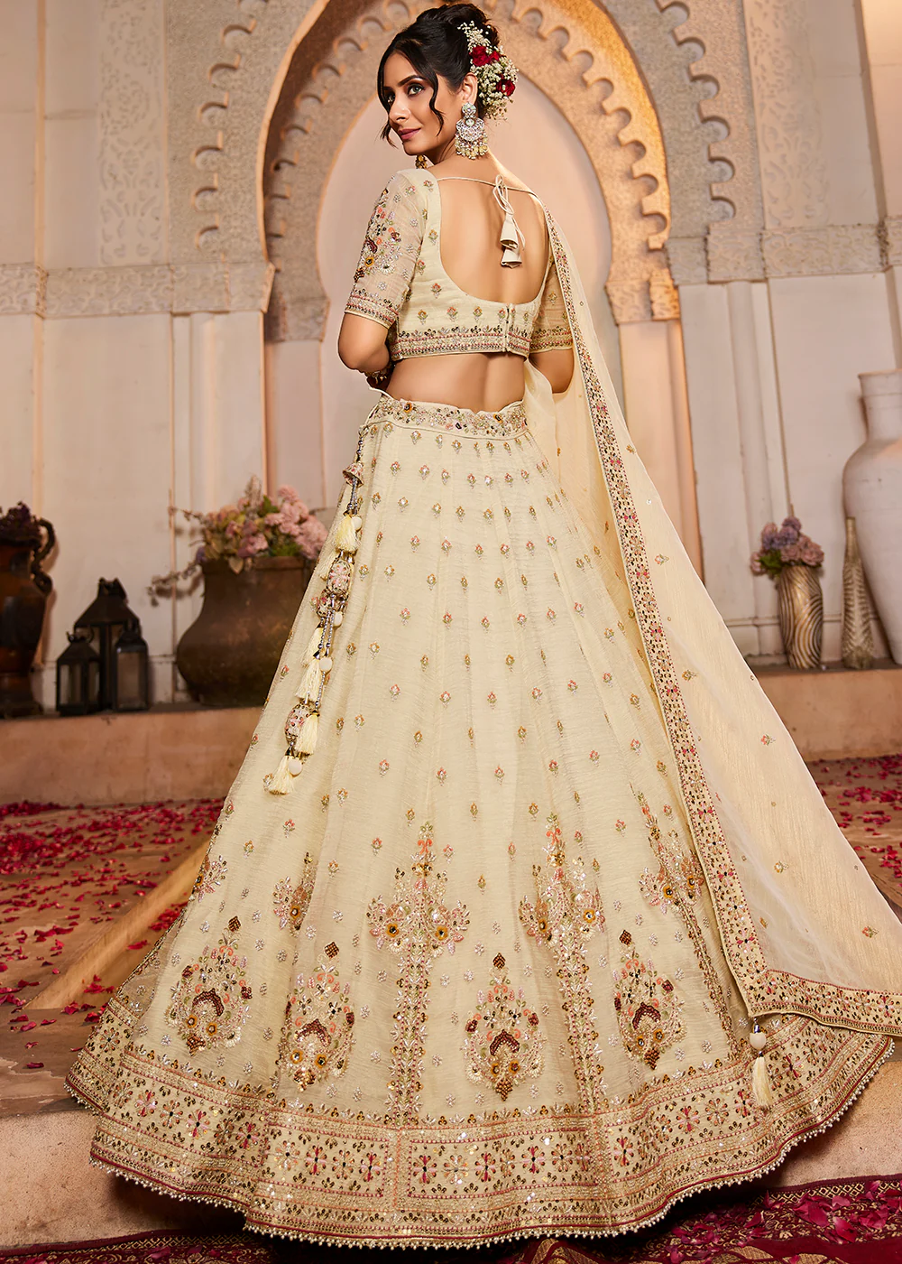 Tissue Fabric Cream Embroidered Designer Lehenga Choli - Image 3