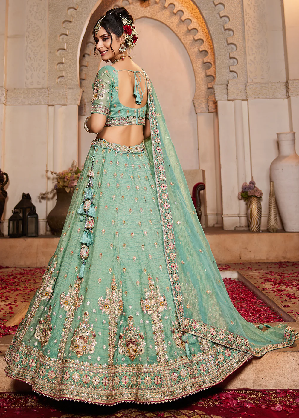 Tissue Fabric Green Embroidered Designer Lehenga Choli - Image 3