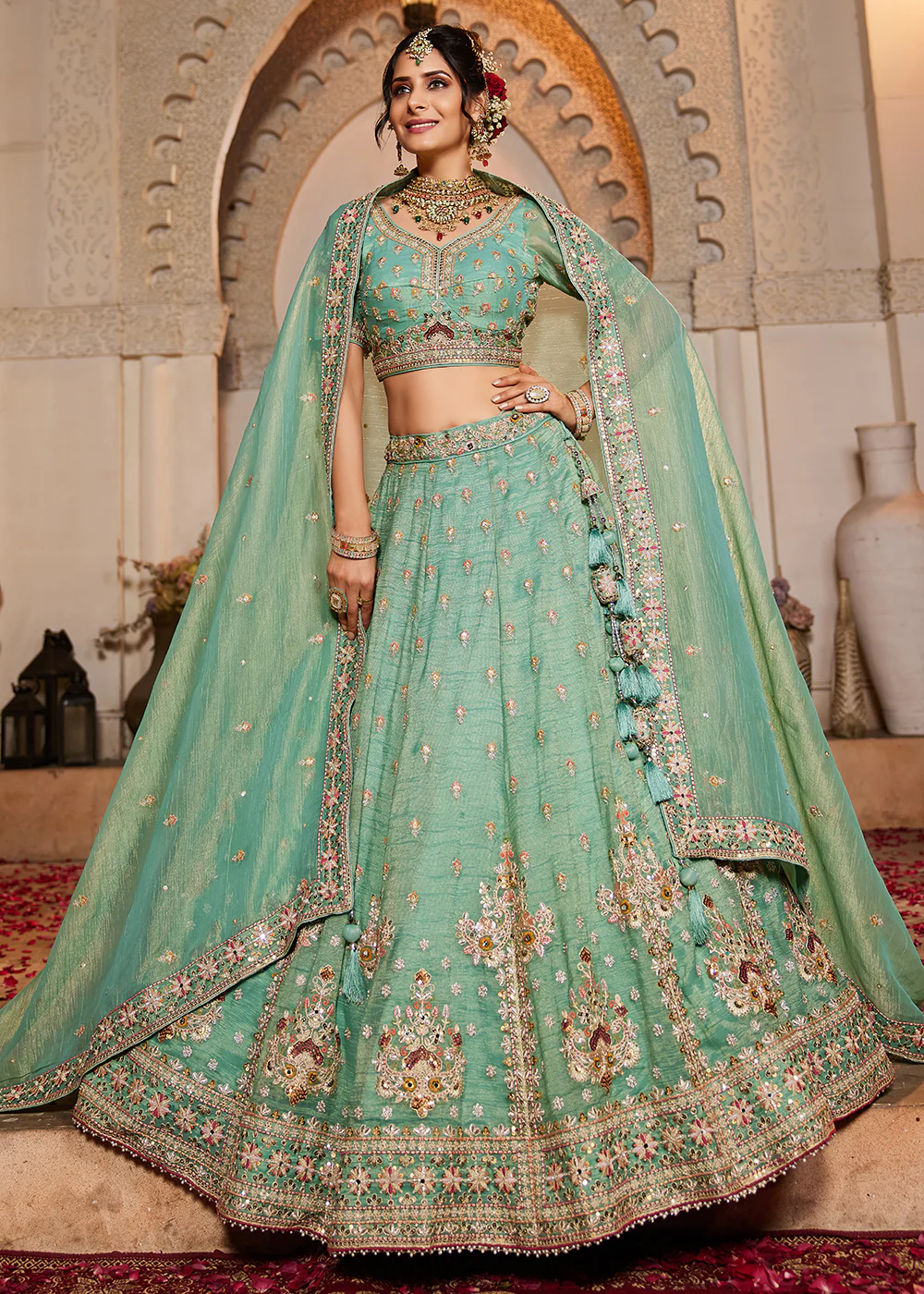 Tissue Fabric Green Embroidered Designer Lehenga Choli - Image 4