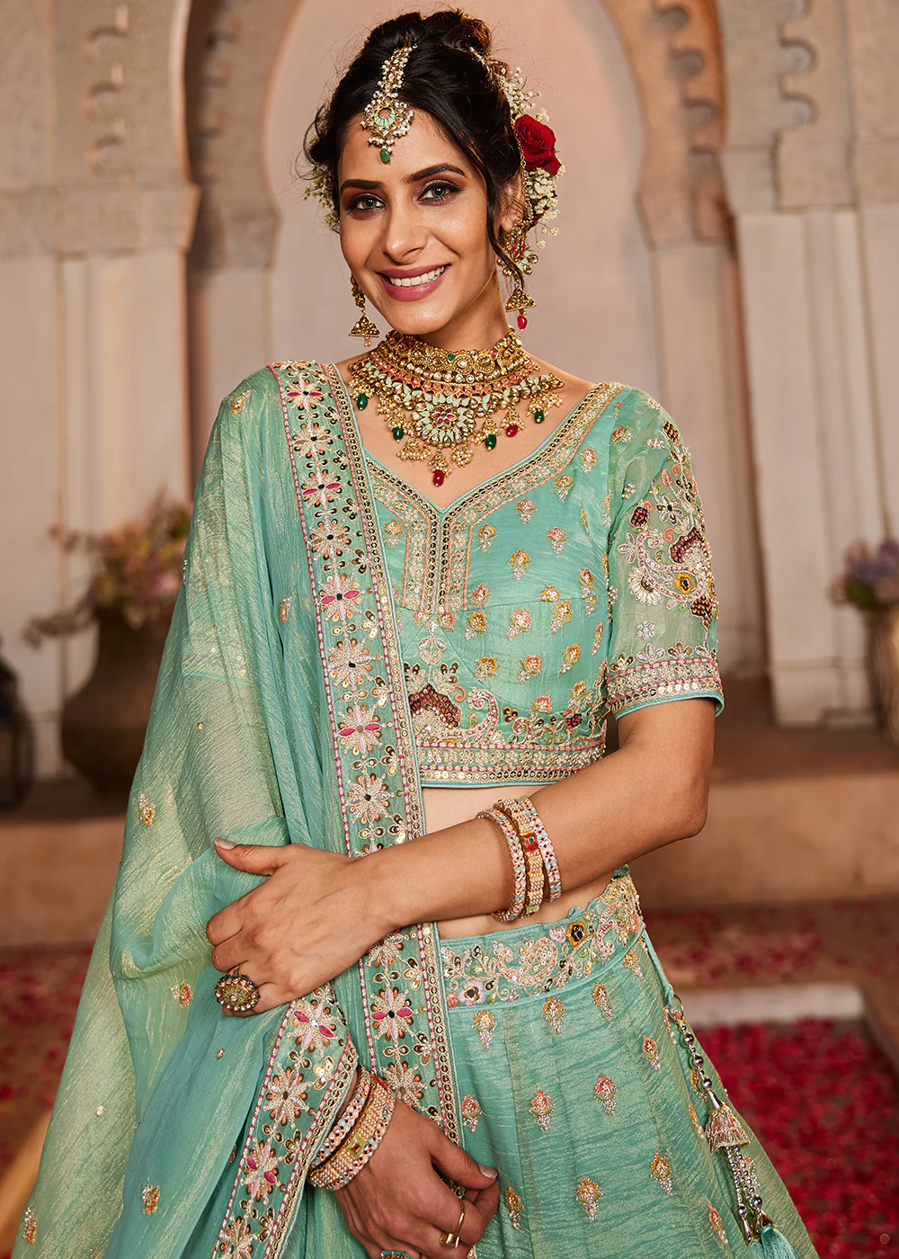 Tissue Fabric Green Embroidered Designer Lehenga Choli - Image 5