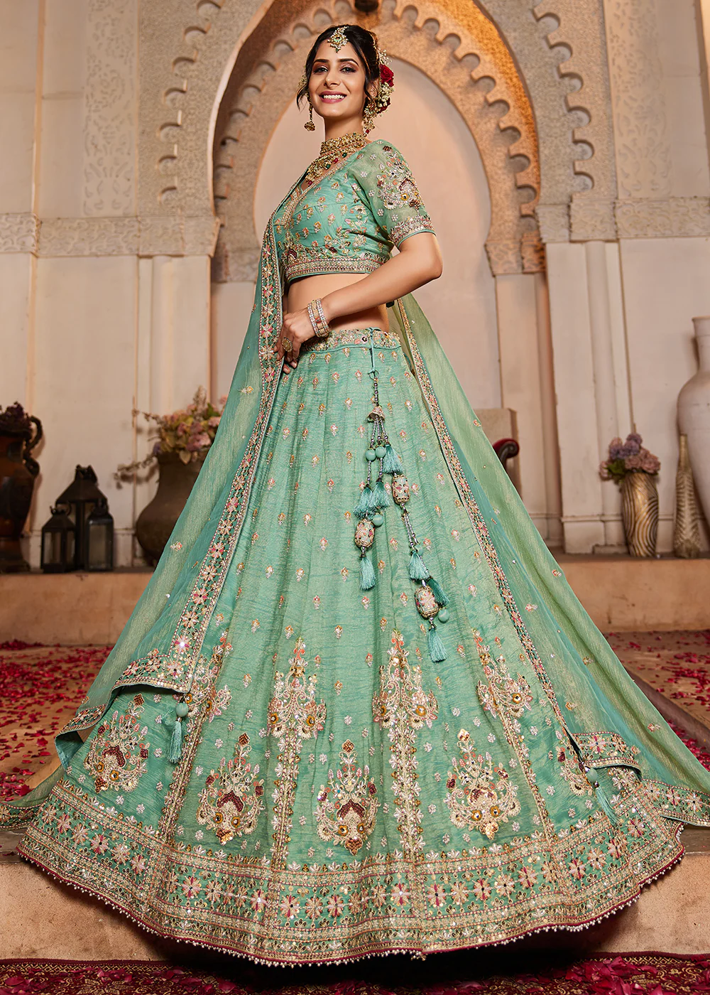 Tissue Fabric Green Embroidered Designer Lehenga Choli - Image 6